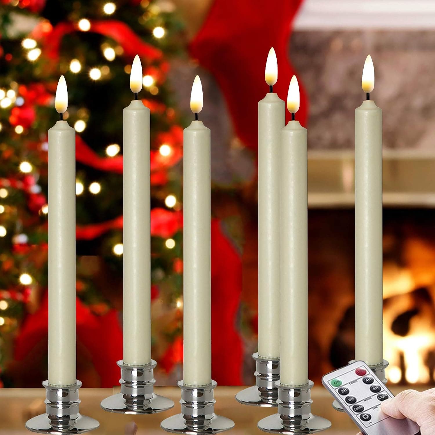 Set of 6 Flameless Windows Candles- Ivory Wax .With 6 Sliver Candlesticks .10 Inch, Flickering Battery Operated LED Candle Window Lights, Window Candles with Remote Control- Romance Dinner Candle