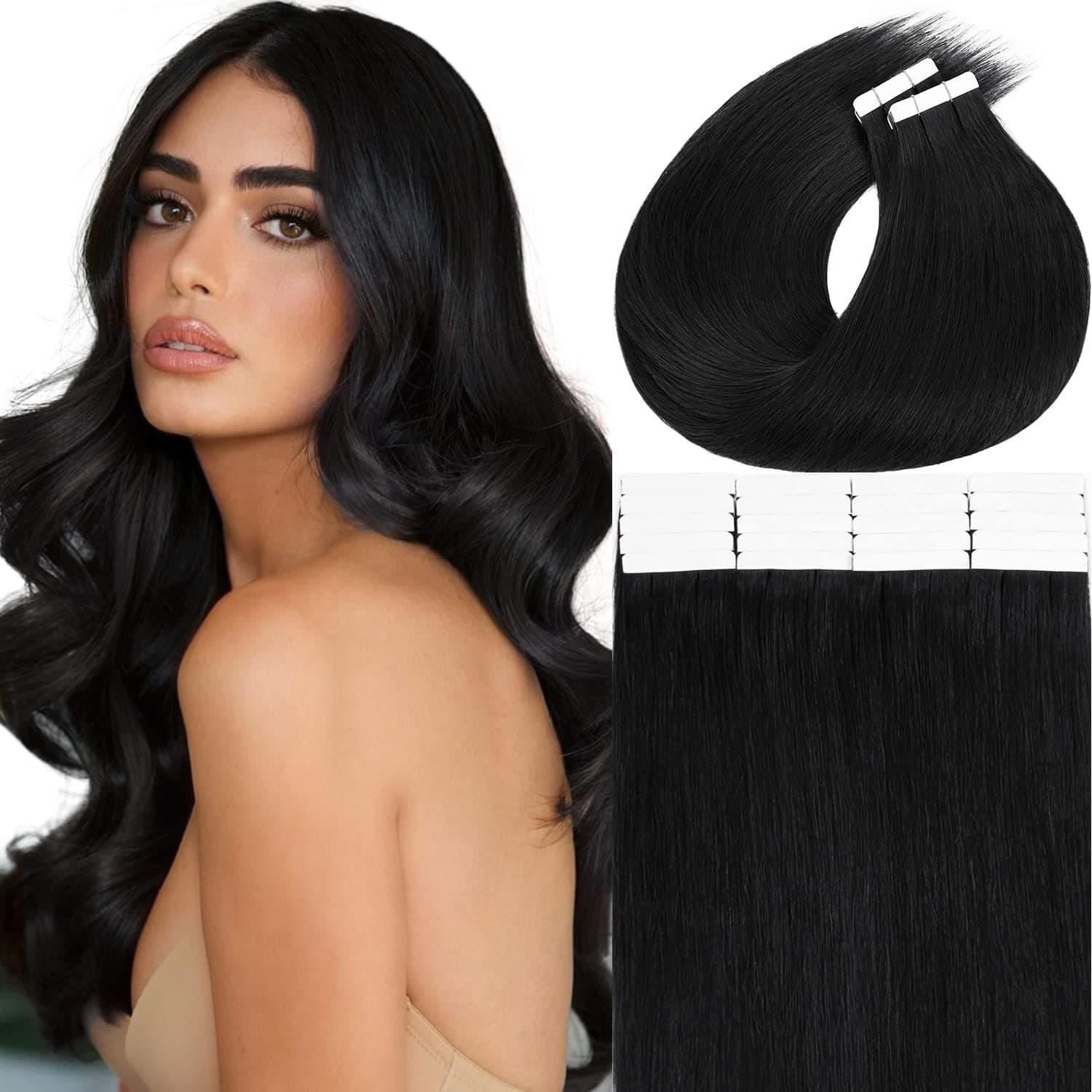 Anrosa 22Inch Tape in Human Hair Extensions Black Tape in Brazilian Skin Weft Hair Extensions for Long Hair 20 Pieces 50 Grams