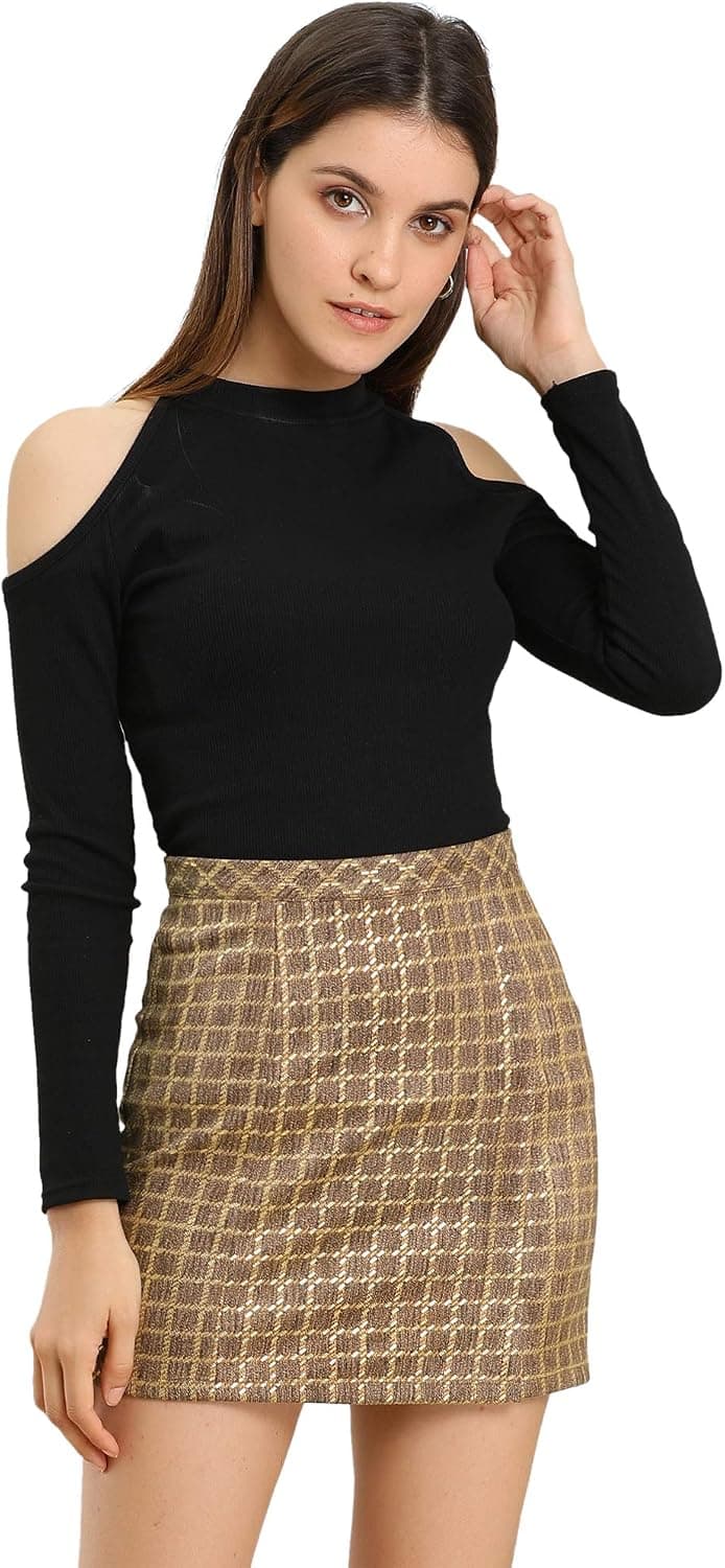 Allegra K Women's Check Slit Hem Faux Suede Mini Skirt