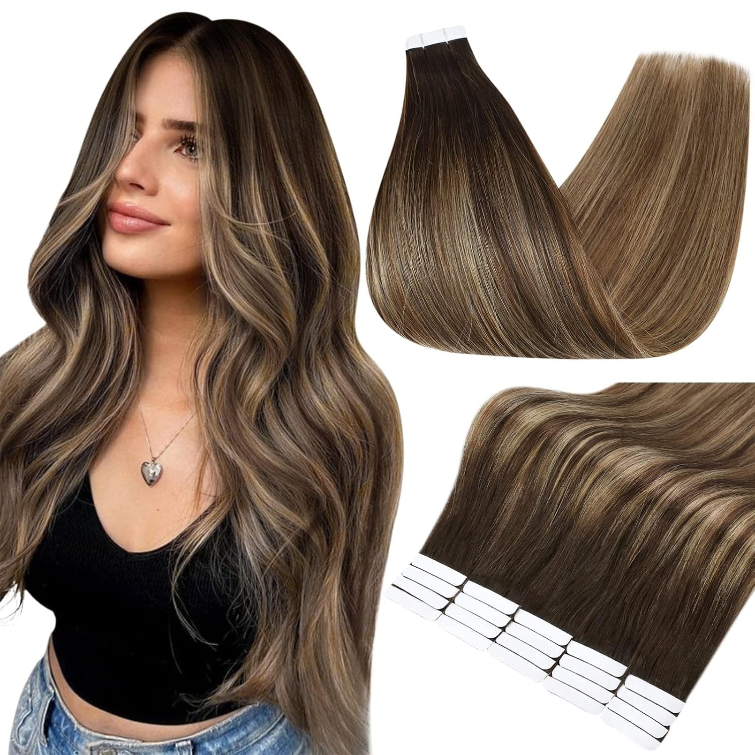 Full Shine Tape in Hair Extensions Human Hair Glue on Extensions Balayage Ombre Color 2 Darkest Brown Fading to 3 And 27 Honey Blonde Hair Extensions Tape in Human Hair 12 Inch 30 Gram