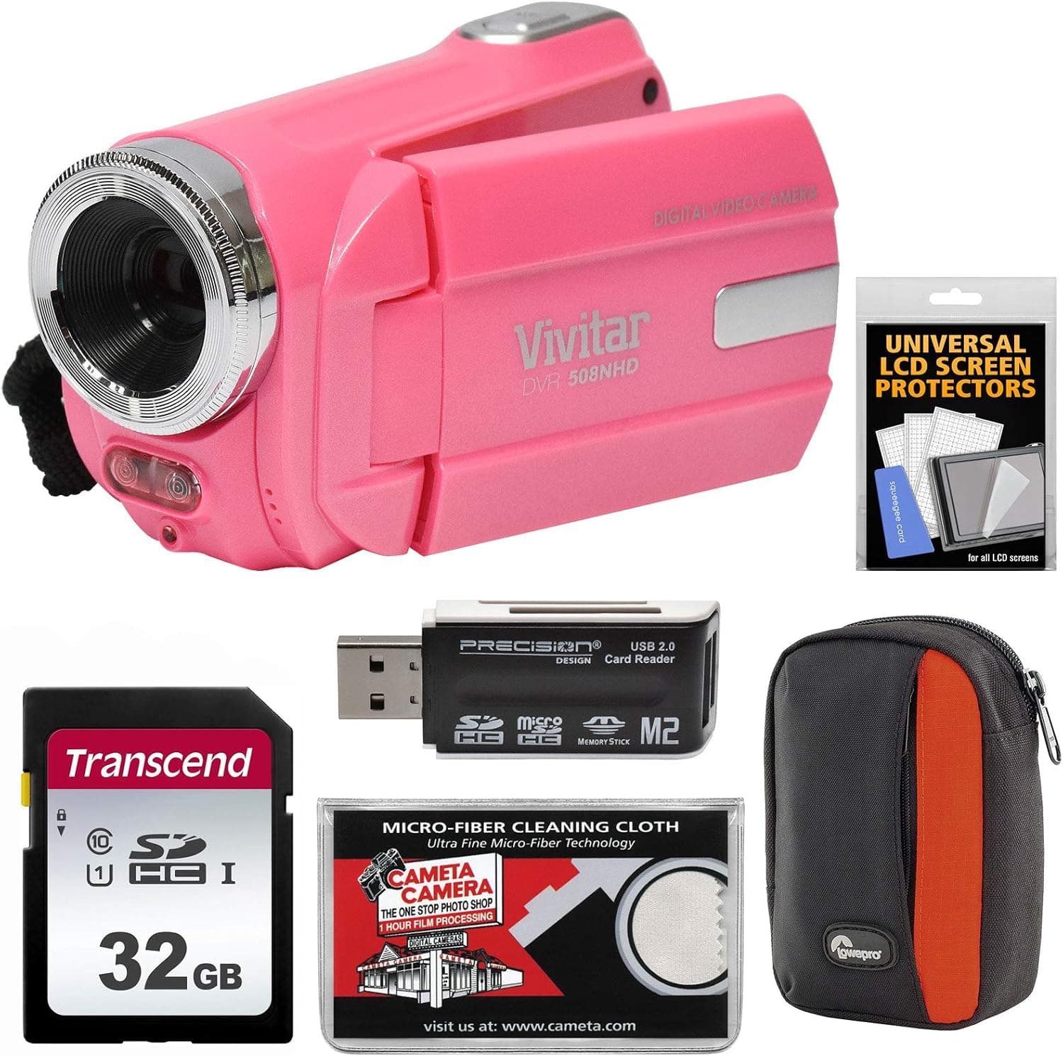 Vivitar DVR 508 NHD Digital Video Camera Camcorder (Bubble Gum Pink) with 32GB Card + Case + Kit