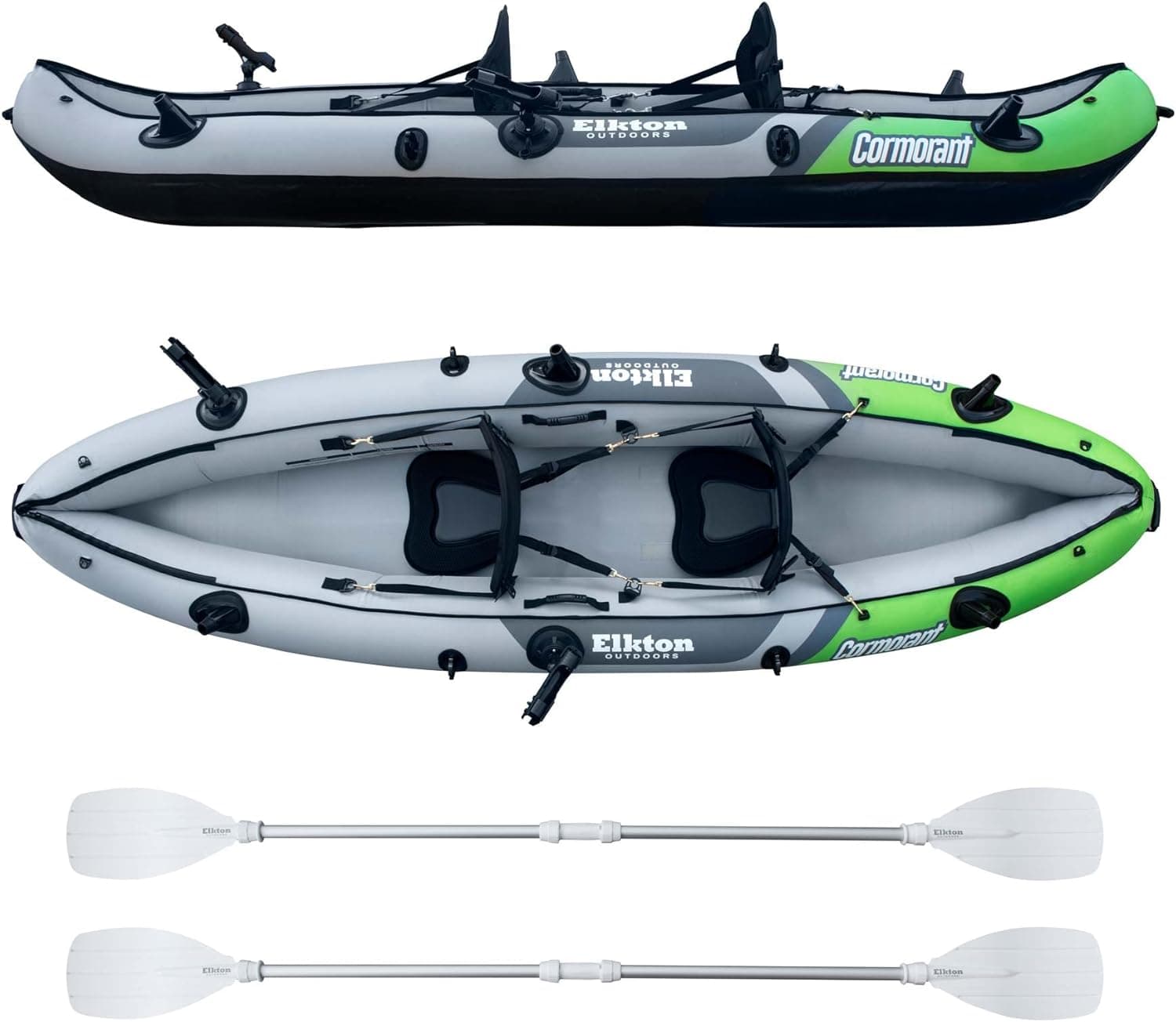 Elkton Outdoors Cormorant 2 Person Tandem Inflatable Fishing Kayak, 10-Foot with EVA Padded Seats, Includes 2 Active Fishing Rod Holder Mounts, 2 Aluminum Paddles, Double Action Pump and More