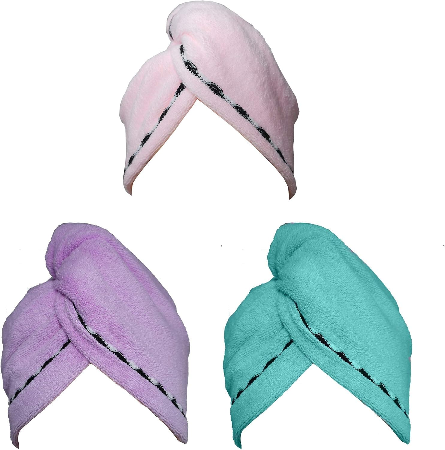 Chikoni Hair Towel Wrap Turban 3 Pack Super Absorbent Microfiber Quick Dry Hair Turban Wrap, Dry Hair Hat, Wrapped Bath Cap with Lace Grooming 26inch/10inch