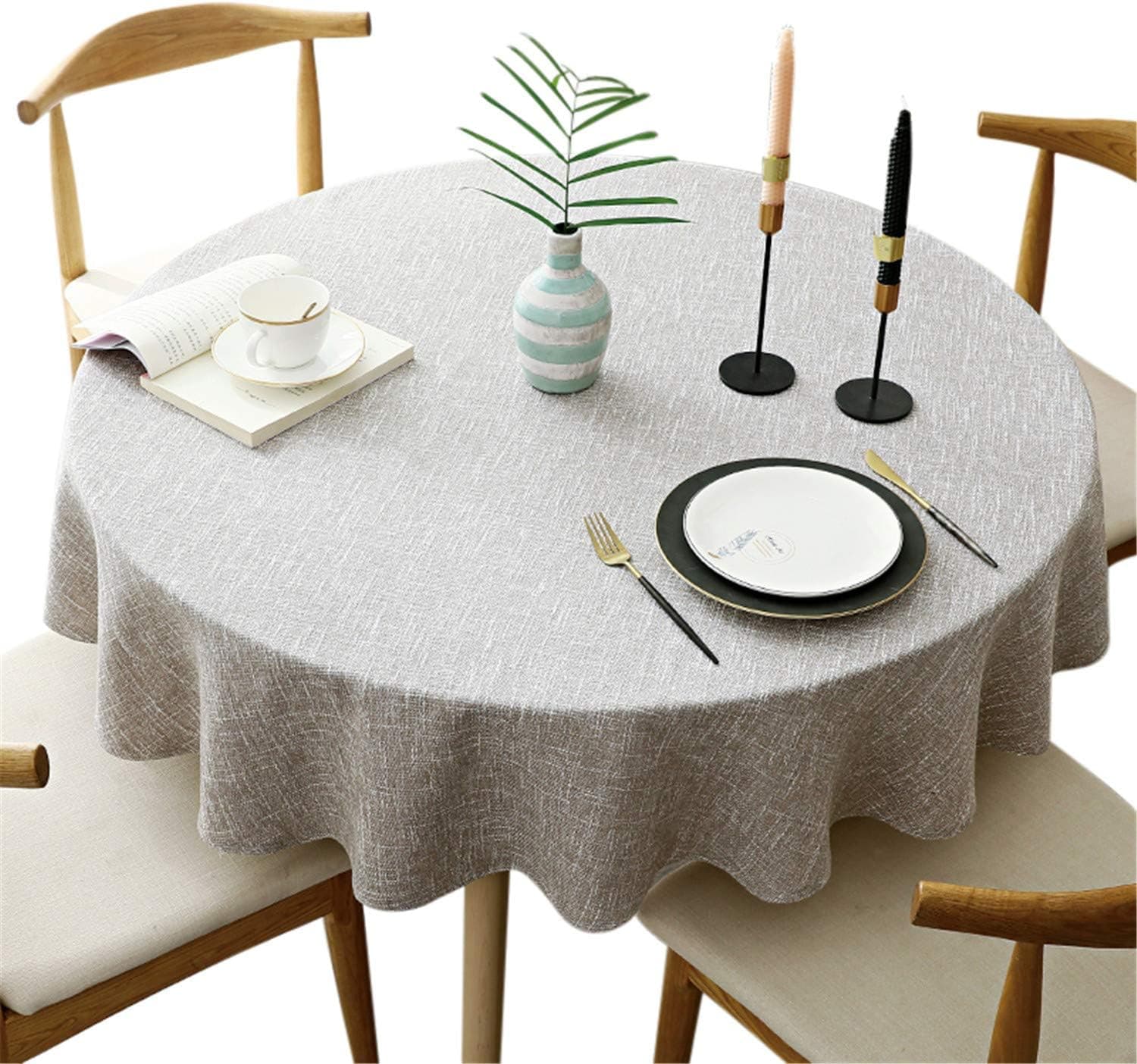 Fhberni Heavy Weight Round Tablecloth, Decorative Solid Color Table Cover, Cotton Linen Table Cloth for Kitchen Dining Home Tabletop Decoration, Tan, Round - 55"