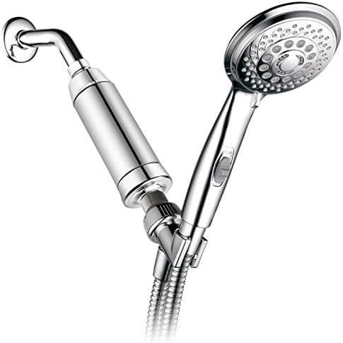 HotelSpa 7-Setting Handheld Shower with Patented ON/OFF Pause Switch and Universal High Performance 2 Stage KDF/CAG Shower Filter with Disposable Cartridge (Premium Chrome Finish)