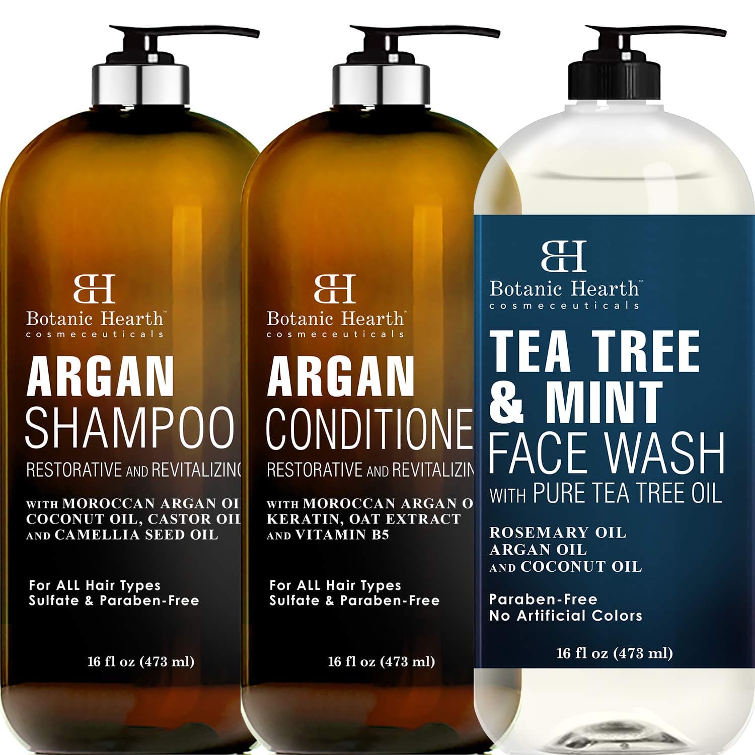 Botanic Hearth Argan Oil Shampoo & Conditioner Set (16 oz each) and Tea Tree & Mint Face Wash (16 oz) Bundle