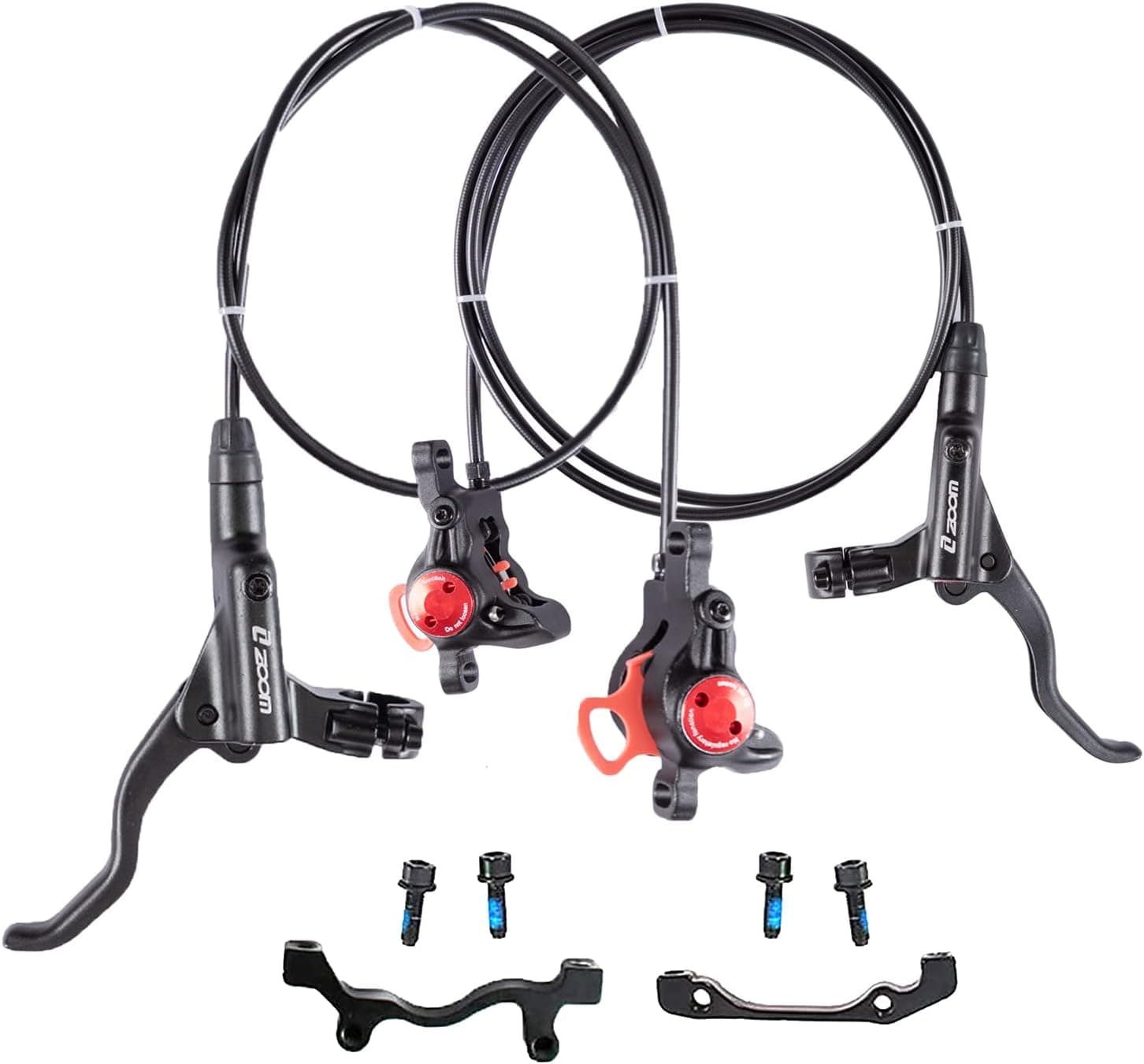 BUCKLOS MTB Hydraulic Disc Brakes Set, Mountain Bike Left Front 800mm Right Rear 1450mm Brake Aluminum Alloy Levers with Calipers PM/is Adapter Fit E-Bike(Pred Bled/Pads Included)