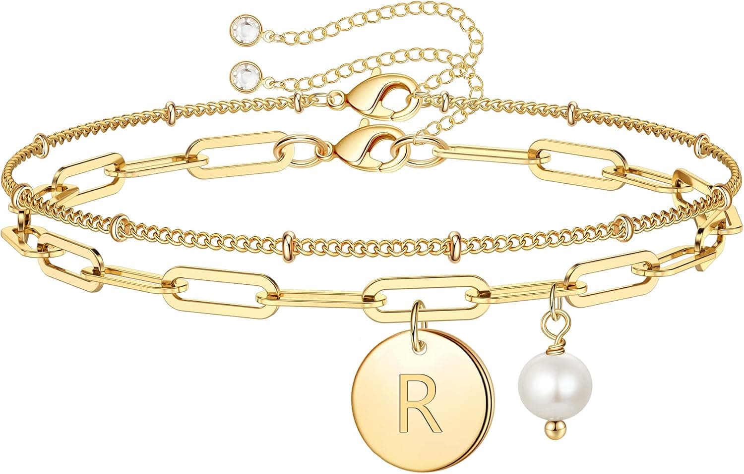 Yesilver Gold Initial Charm Bracelets for Women, Dainty Cute Pearl Charm Bracelets for Women Adjustable Layered Bead Initial R Bracelet Gold Initial Charm Bracelets for Women Birthday