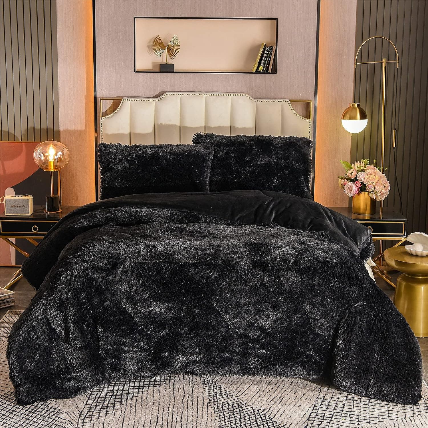 A Nice Night Luxury Solid Color, Plush Shaggy Ultra Soft Warm and Durable, Velvet Bedding Sets Quilt Comforter Set with Pillow Covers (Black, King)