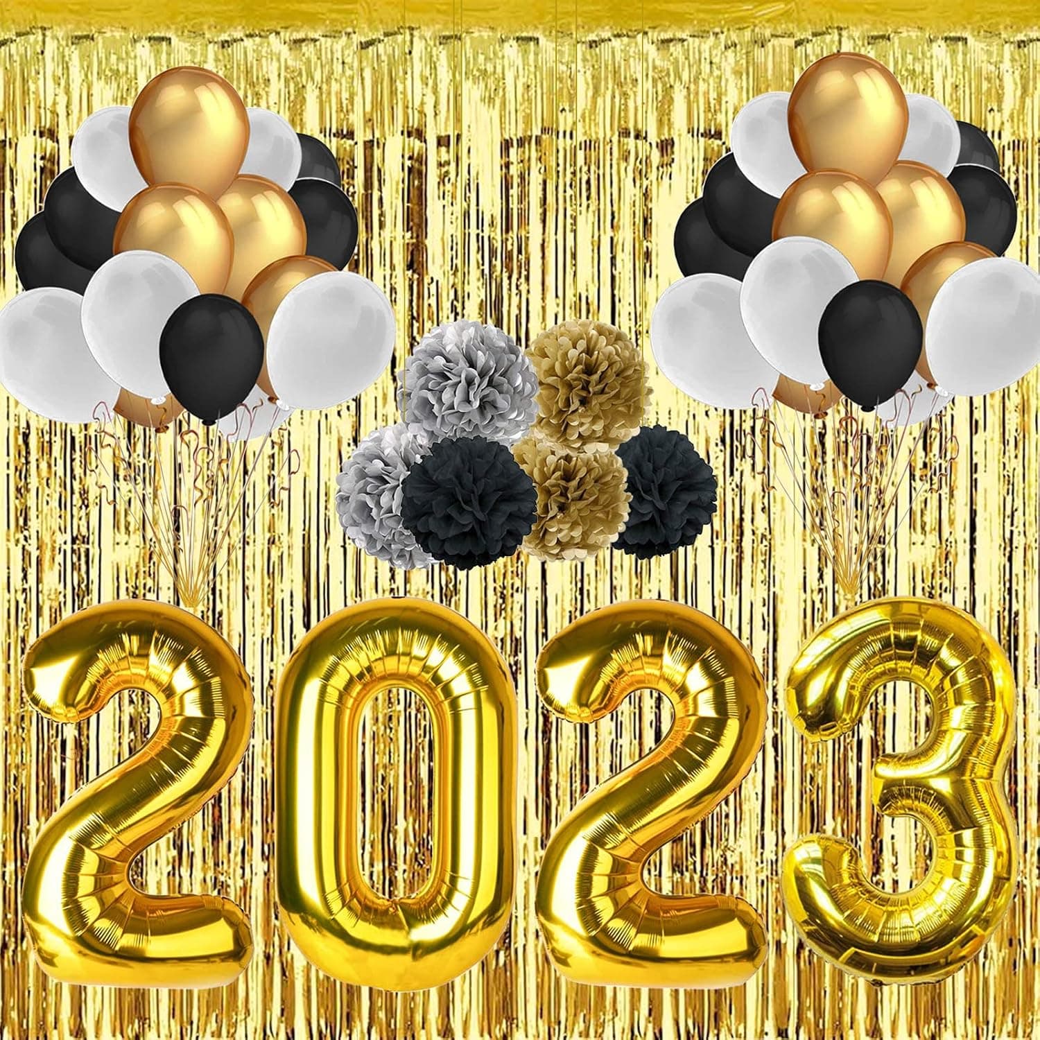 FRETOD Gold Happy New Year Decorations 2023, New Years Eve Party Supplies 2023 with Foil Gold Balloons and Rain Curtain, Latex Balloons and Paper Flower Balls, for Happy New Years Decorations 2023