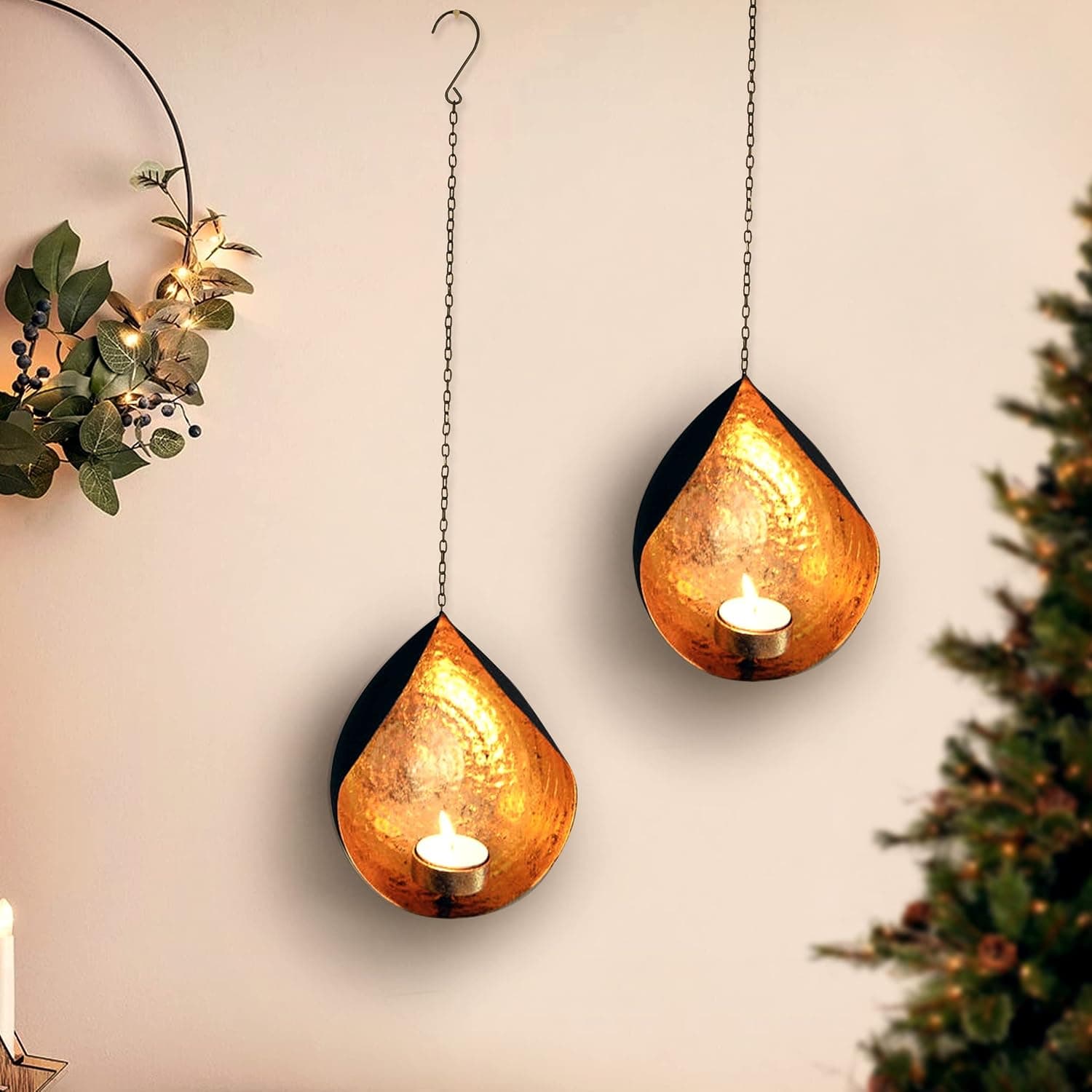 TIED RIBBONS Wall Hanging Tealight Candle Holders for Home Decoration - Iron Hanging Wall Candle Holders Votive Sconce for Home Wall Decorations, Weddings, Events (Pack of 2)