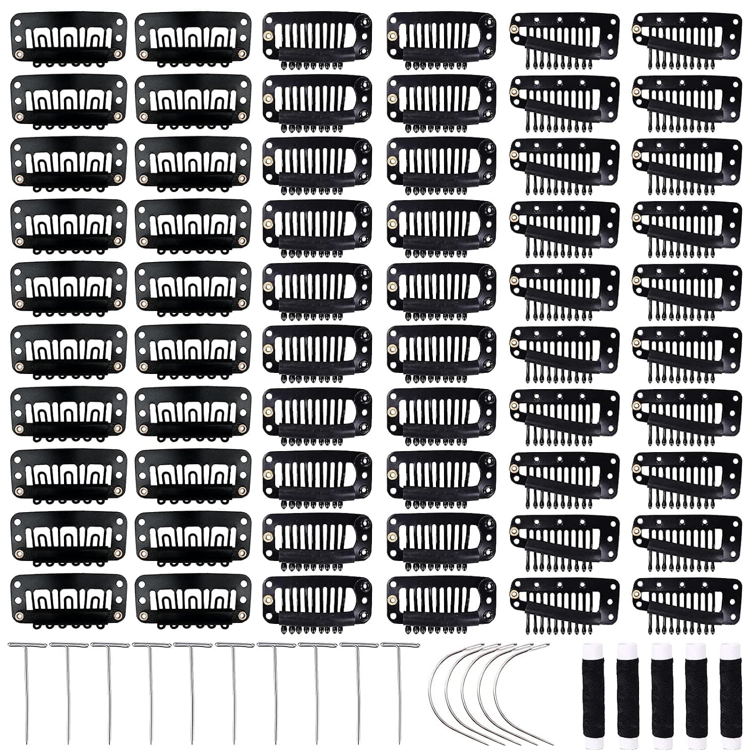 Lykoow 80 Pcs Wig Clips Comb Clips, 6-Teeth, 9-teeth and 10 Teeth Black Metal Hair Extensions Hairpieces Wig Clips Making with Soft Rubber Included Weaving Thread, Curved Needles, T-Pins