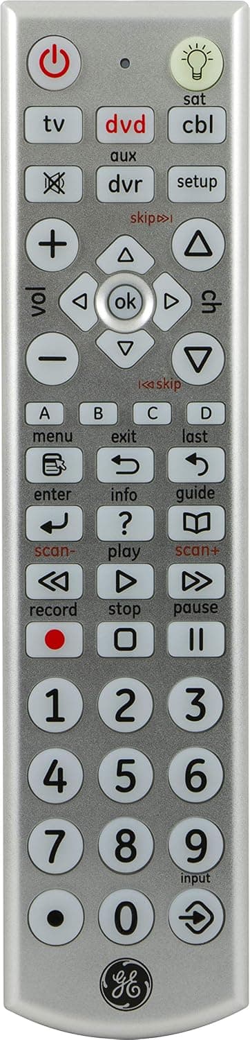 GE 4 Device Universal Remote, Big Button, Works with Smart TVs, LG, Vizio, Sony, Blu Ray, DVD, DVR, Roku, Apple TV, Streaming Players, Auto Scan, Pre-Programmed for Samsung TVs, Silver, 24929