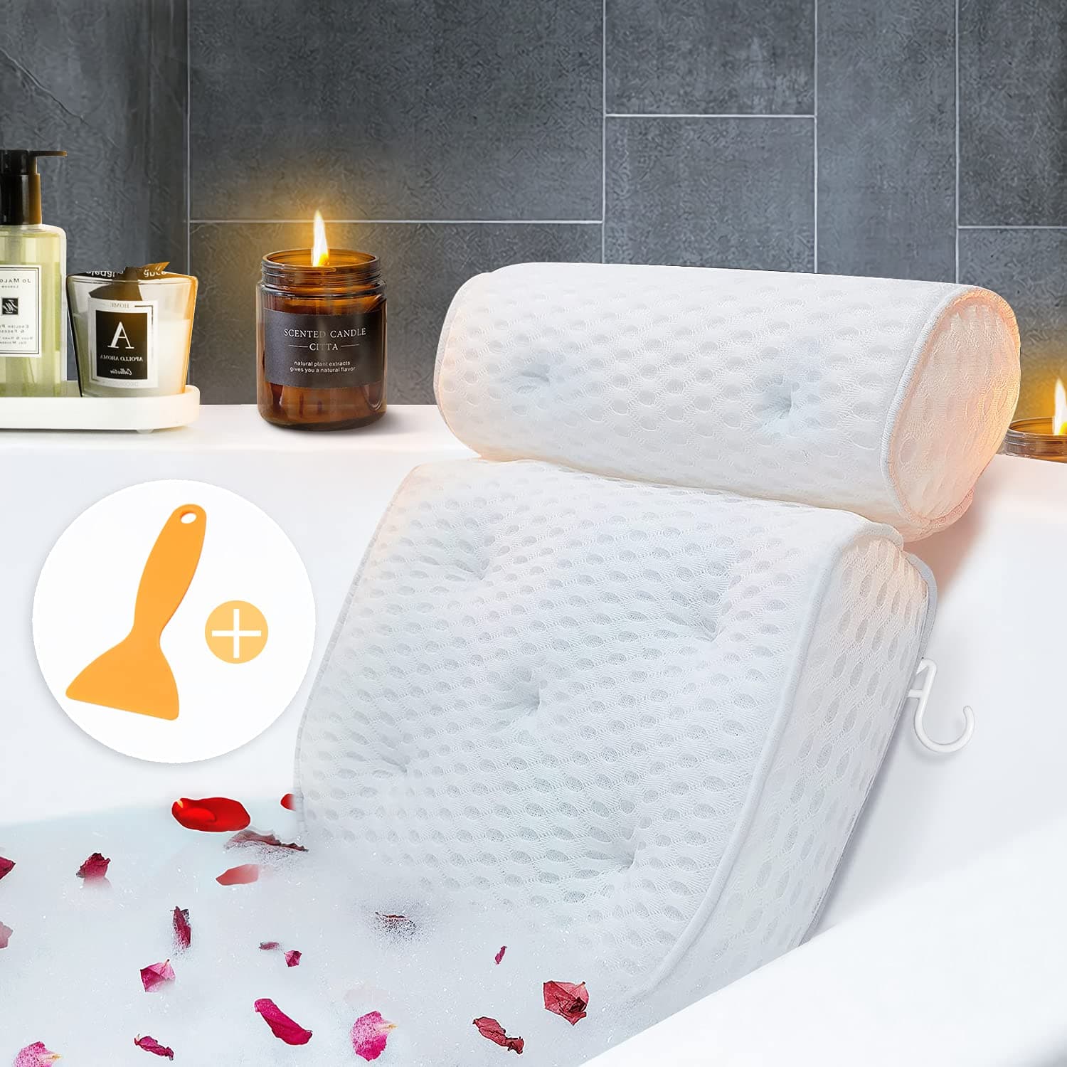 Bathtub Pillows, Comfortable Bathtub Pillow with Soft 4D Mesh material & 7 Large Suction Cups, Ultra Soft and Quick Dry Spa Pillow for Bathtub, Helps Support Head, Neck, and Back
