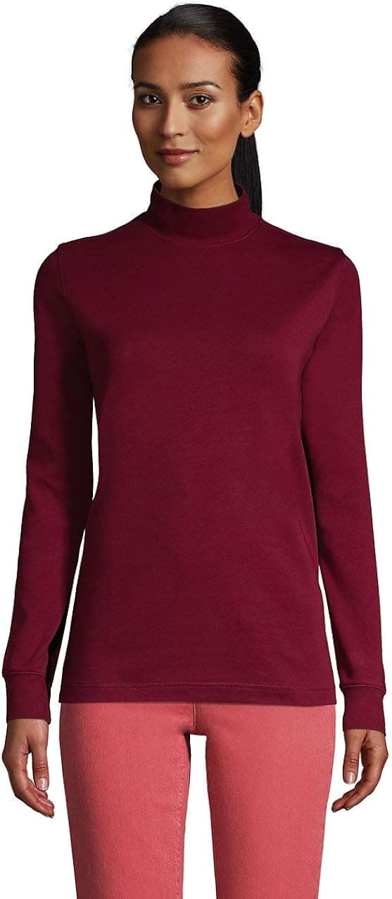 Lands' End Women Long Sleeve Relaxed Cotton Mock Rich Burgundy Petite Medium