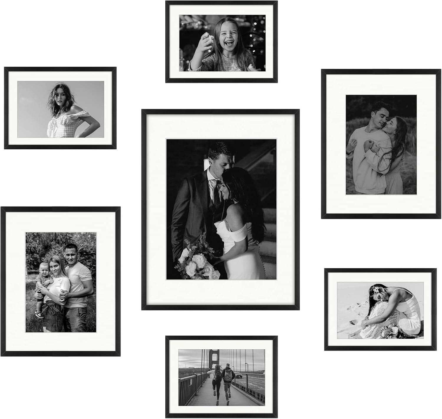 Frametory, 7 Piece Aluminum Wall Frame with Ivory Color Mat Set - Four 5x7 - Two 8x10 - One 11x14 - Real Glass - Swivel Tabs - Sawtooth Hangers (Black)
