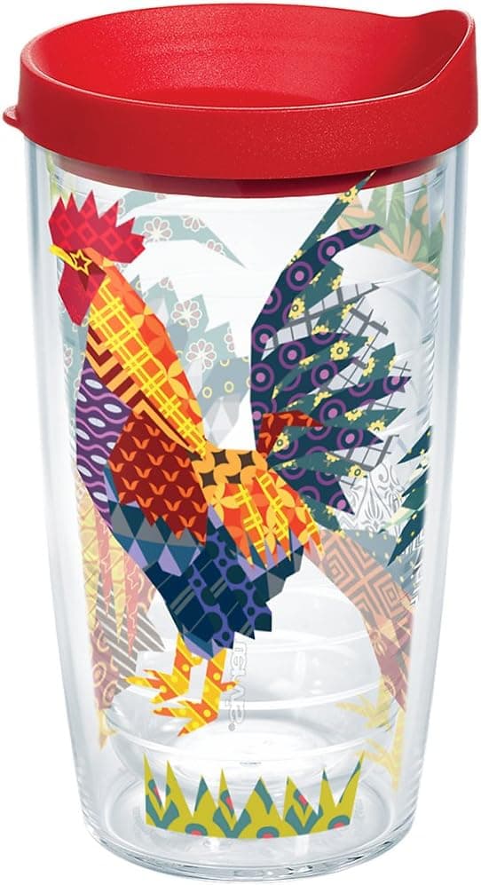Tervis 1178012 Patchwork Rooster Tumbler with Wrap and Red Lid 16oz, Clear -
