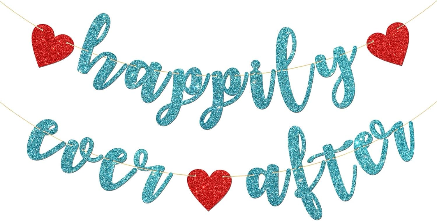 Happily Ever After Banner for Bridal Shower, Engaged, Wedding Anniversary Party Decorations (Blue Glitter)