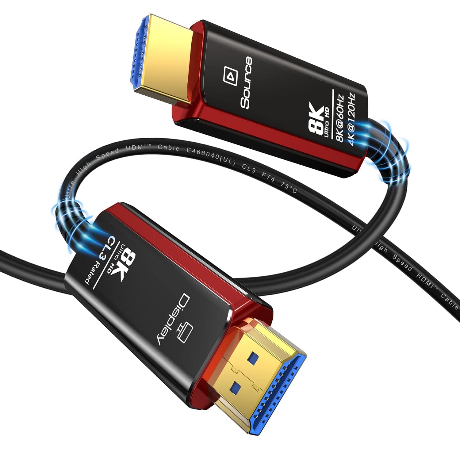 DGHUMEN CL3 8K Fiber Optic HDMI 2.1 Cable 30Feet, Supports 8K@60Hz 4K@120Hz Ultra High Speed 48Gbps Dynamic HDR, eARC,ARR, Dolby Atmos, Compatible with PS5, Xbox Series X, UHD TV-Red