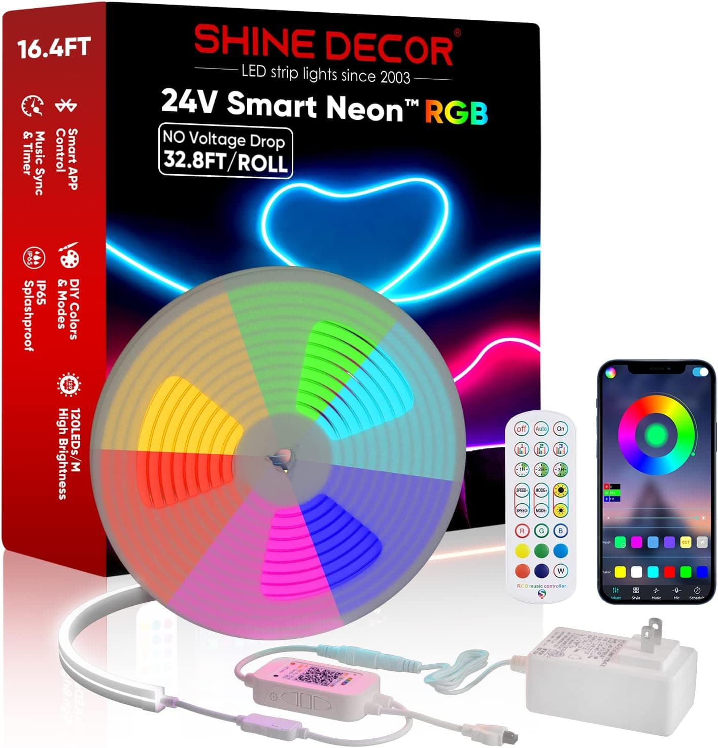 Shine Decor 24V Neon Rope Lights, RGB Smart Neon Light Rope with APP Control & Music Sync, 16.4FT/5M Neon LED Strip Lights for Indoor Outdoor Bedroom Gaming Wall Lighting, Dimmable Flexible Waterproof