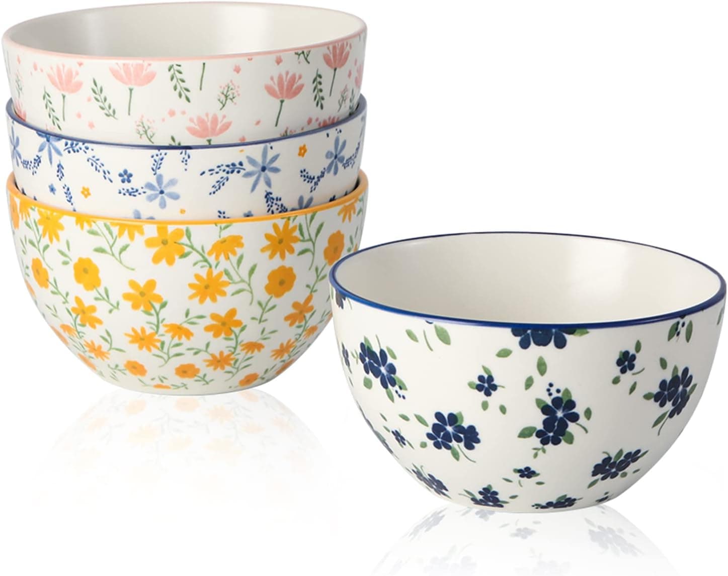 Small Bowls Ceramic Bowl Set - 12 oz Porcelain Rice Bowls Set - 4.5 inch Floral Patterned Dessert Bowls - 4 Colorful Cute Bowls for Ice Cream | Soup | Snack | Side Dishes - Microwave Dishwasher Safe