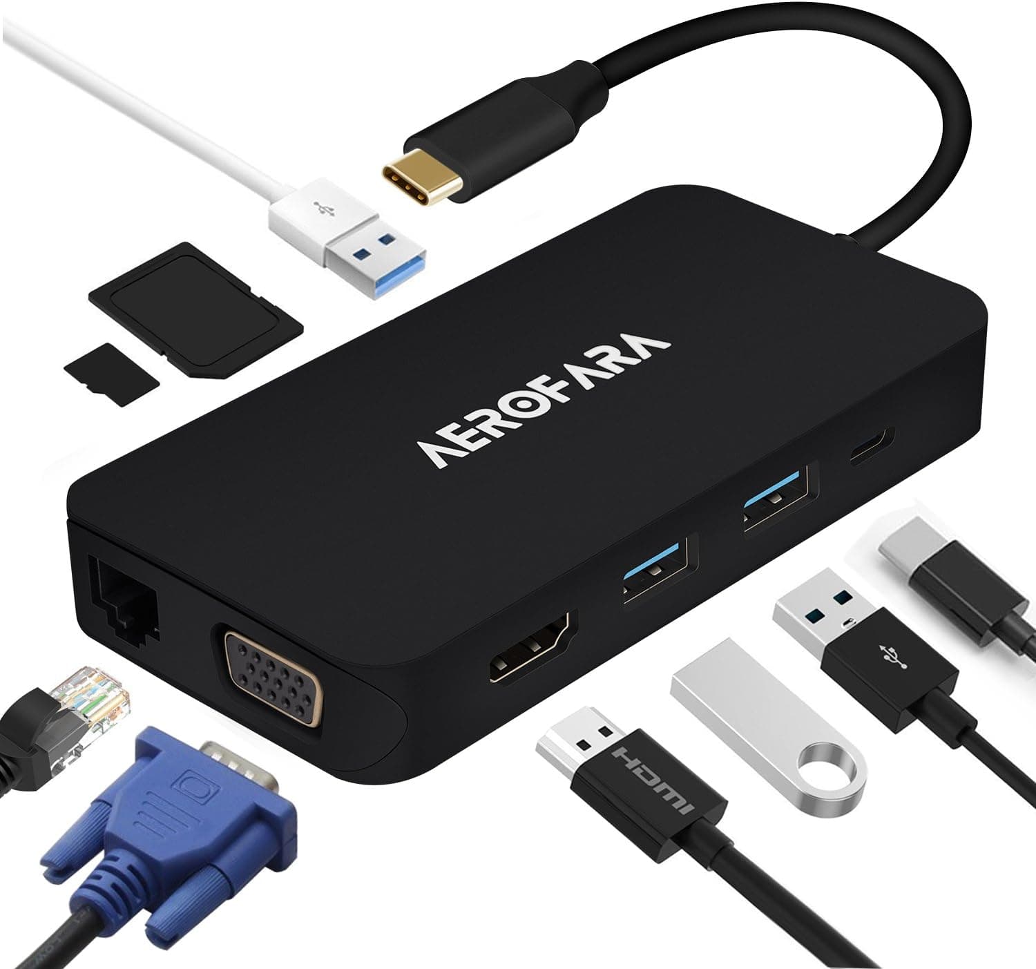 USB C Hub USB C Adapter VGA HDMI Dual Display, USB C Hub to USB 3.0 3 Port,HDMI 4K,1080P VGA, 3.5 mm Audio, RJ45 Gigabit Ethernet, SD/TF Card Reader with USB Type C PD Charging