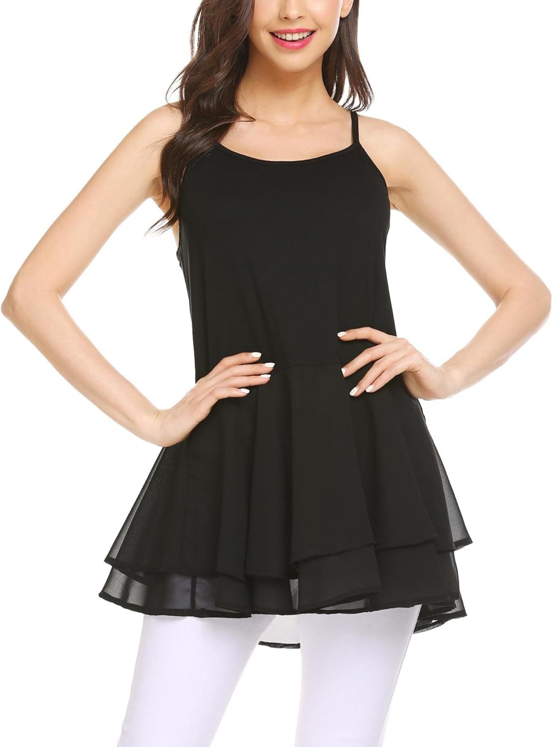 Grabsa Chiffon Camisole Flowy Tank Tops for Women Spaghetti Strap Lace Slip Dress