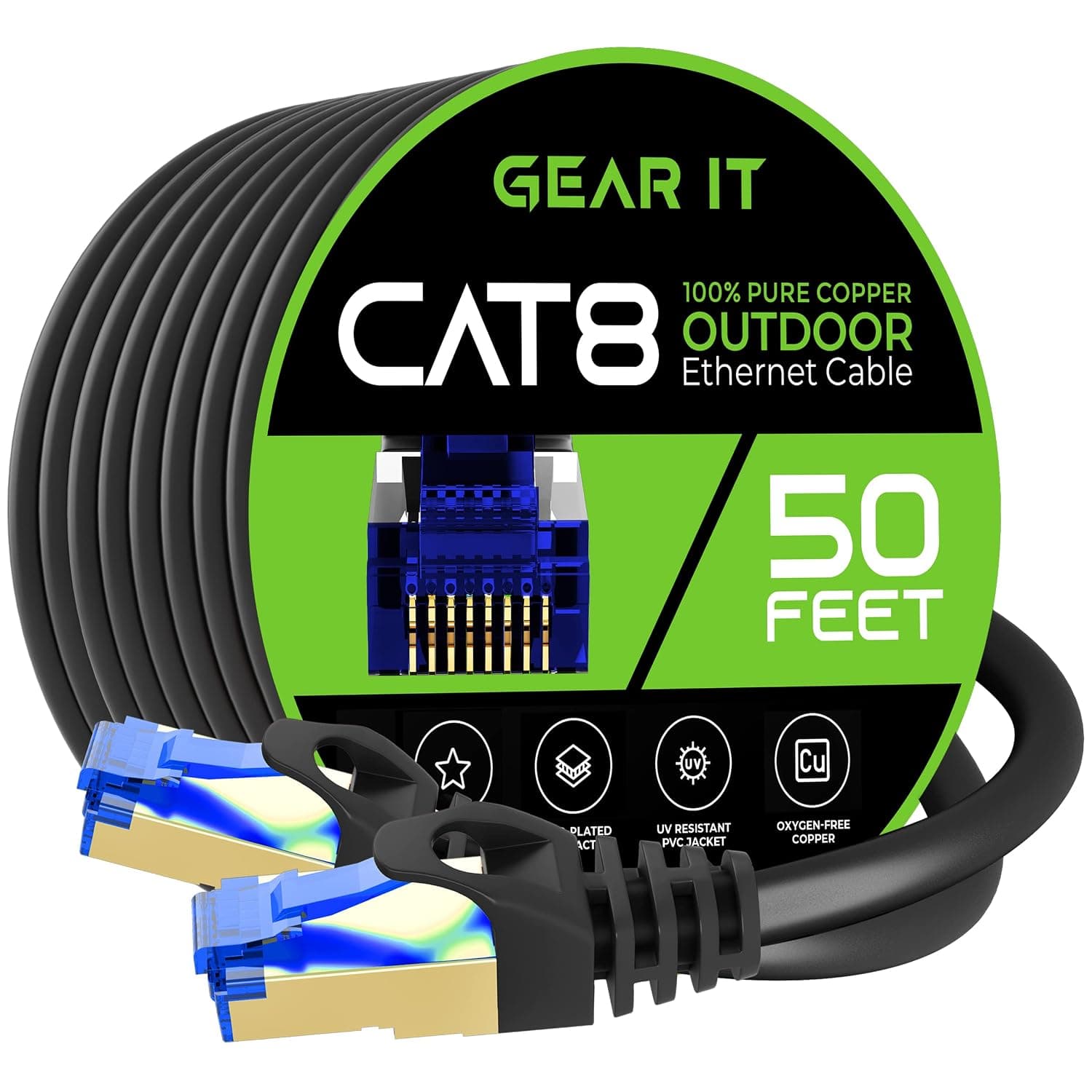 GearIT Cat8 Outdoor Ethernet Cable (50 Feet) Waterproof, Direct Burial, In-Ground, LLDPE UV Jacket, Pure Copper, 26AWG, 40Gbps 2000Mhz SFTP Patch Cord, POE, Network, Internet, Cat 8 Cable - 50ft