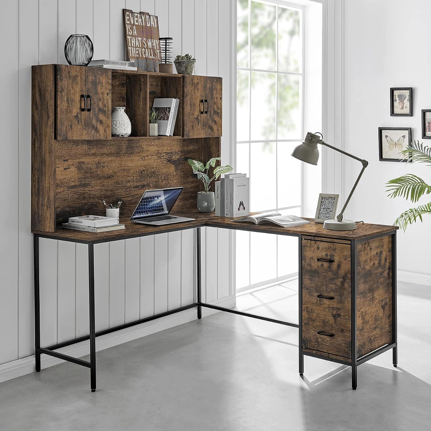 Fineboard, Rustic Brown L-Shaped Desk with Hutch and Storage Cabinets and shelfs with 3 Drawers