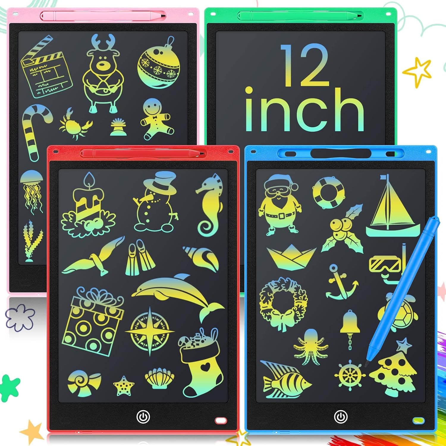 4 Pcs LCD Writing Tablet Doodle Board for Kids 12 Inch Digital Drawing Pad with Colorful Screen Erasable Doodle Scribbler Educational Learning Gift for 3-10 Years Old Girls Boys Toddlers