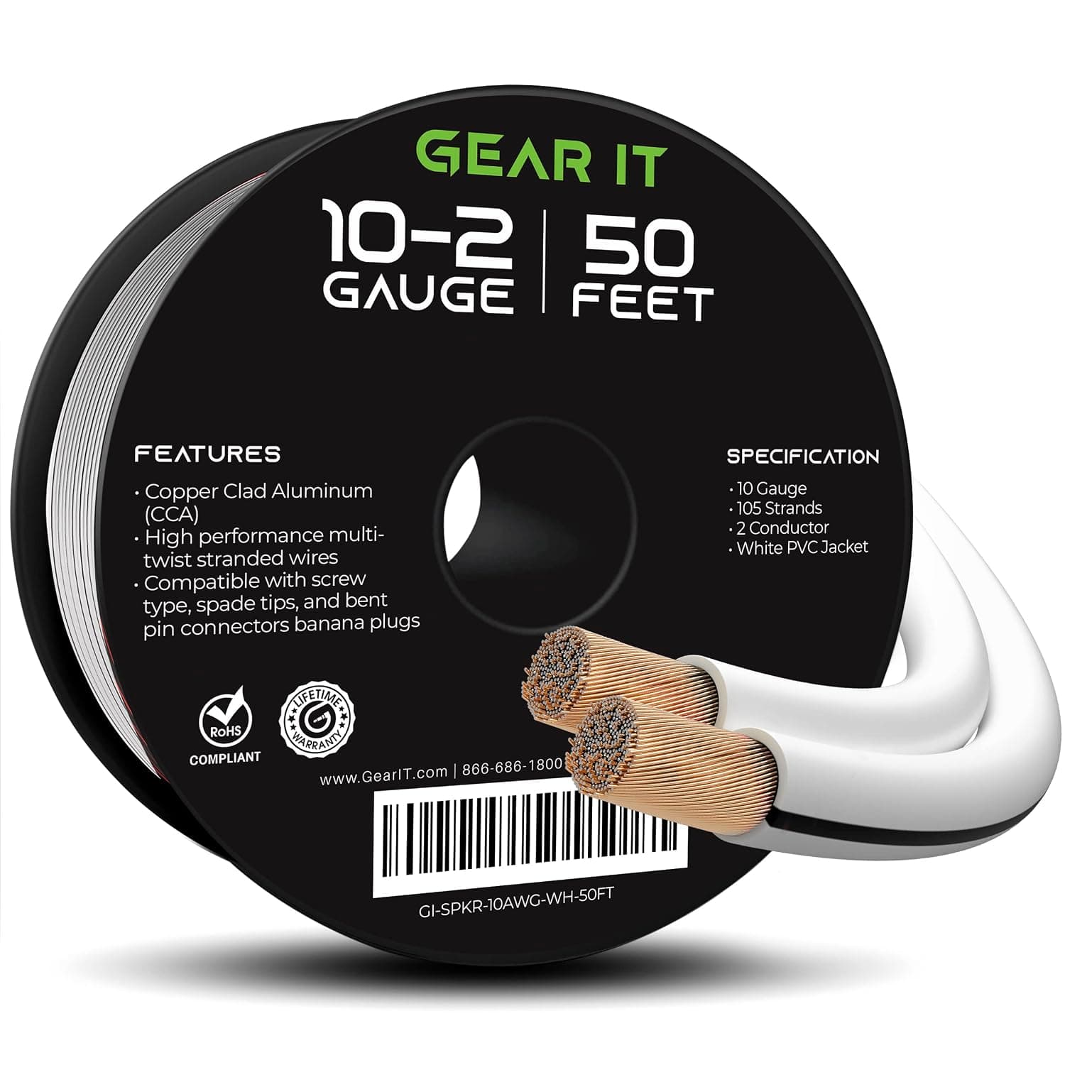 GearIT 10 Gauge Speaker Wire (50 Feet), Copper Clad Aluminum, CCA Thick Gauge Copper Wire for Stereo, Surround Sound, Home Theater, Radio (White, 50 Feet)
