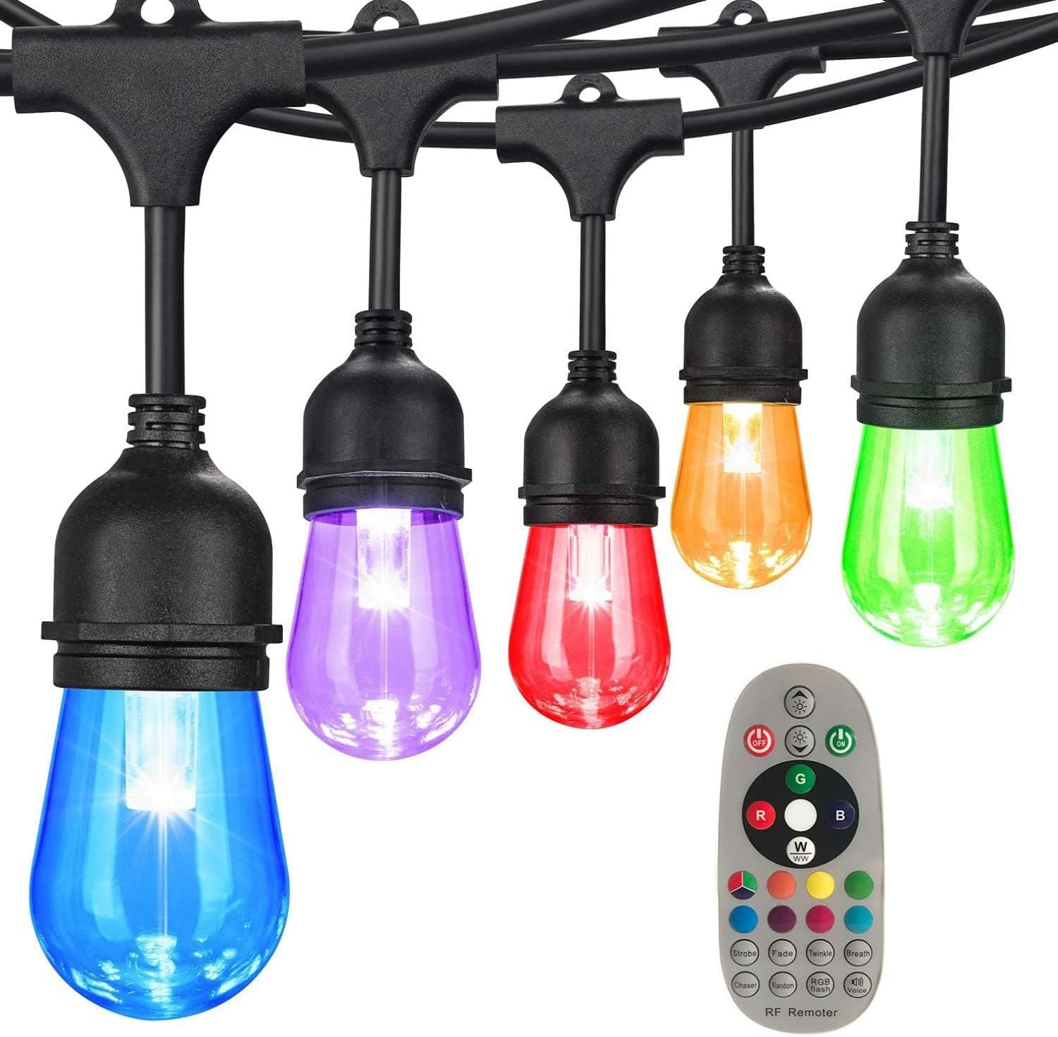 48FT Color Changing Outdoor String Lights, RGB Cafe LED String Light with 15+1 Replace Bulbs Dimmable, Commercial Light String for Patio Backyard Garden, 1 Remote Control