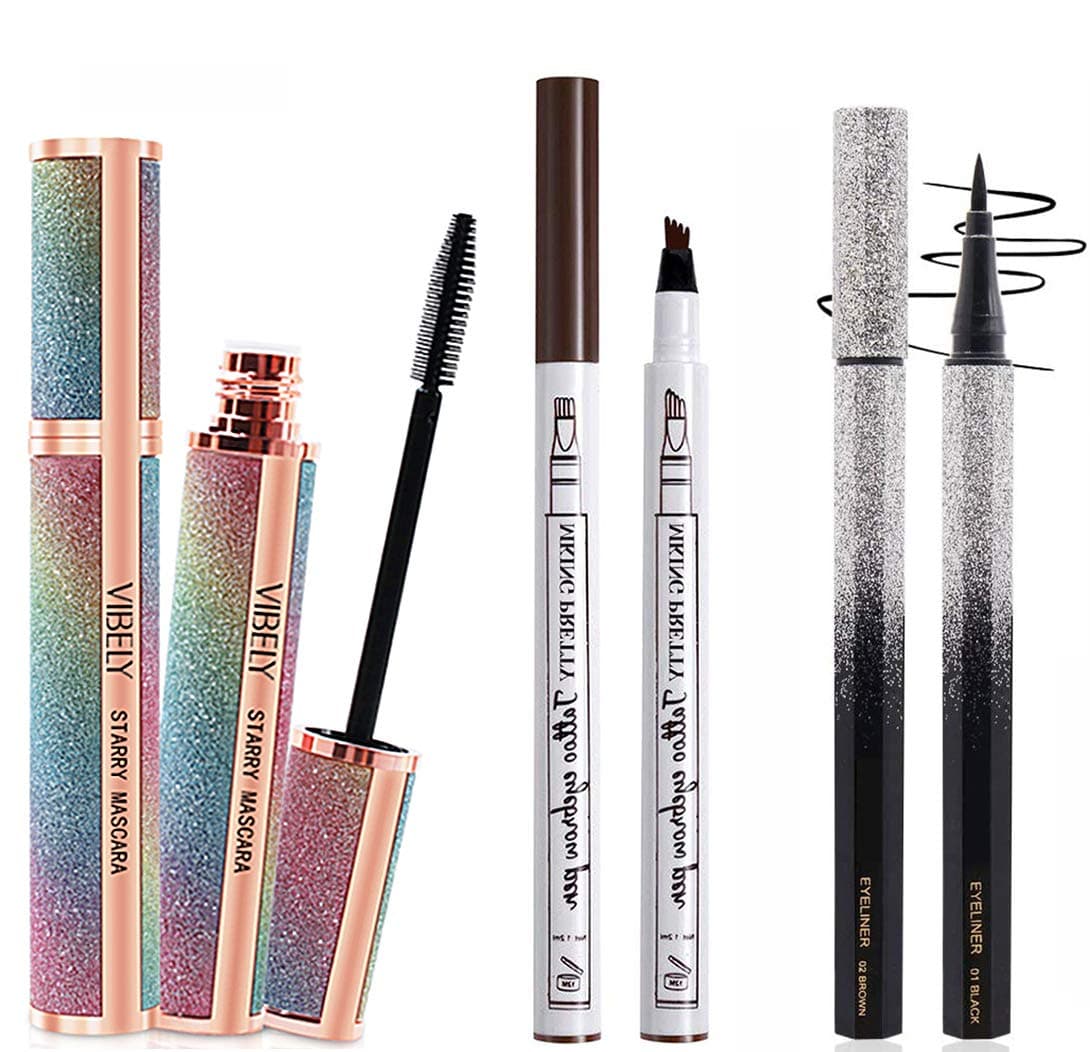 Silk Fiber Mascara for Longer, Voluminous Eyelashes,Natural Waterproof Smudge-Proof, With Eyelash Curler Thicker,All Day Exquisitely Long, Smudge-Proof Eyelashes 3 styles (Black/Brown/Black)