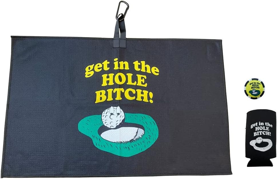 Giggle Golf Get in The Hole Bitch Golf Waffle Towel, Poker Chip & Slim Can Cooler
