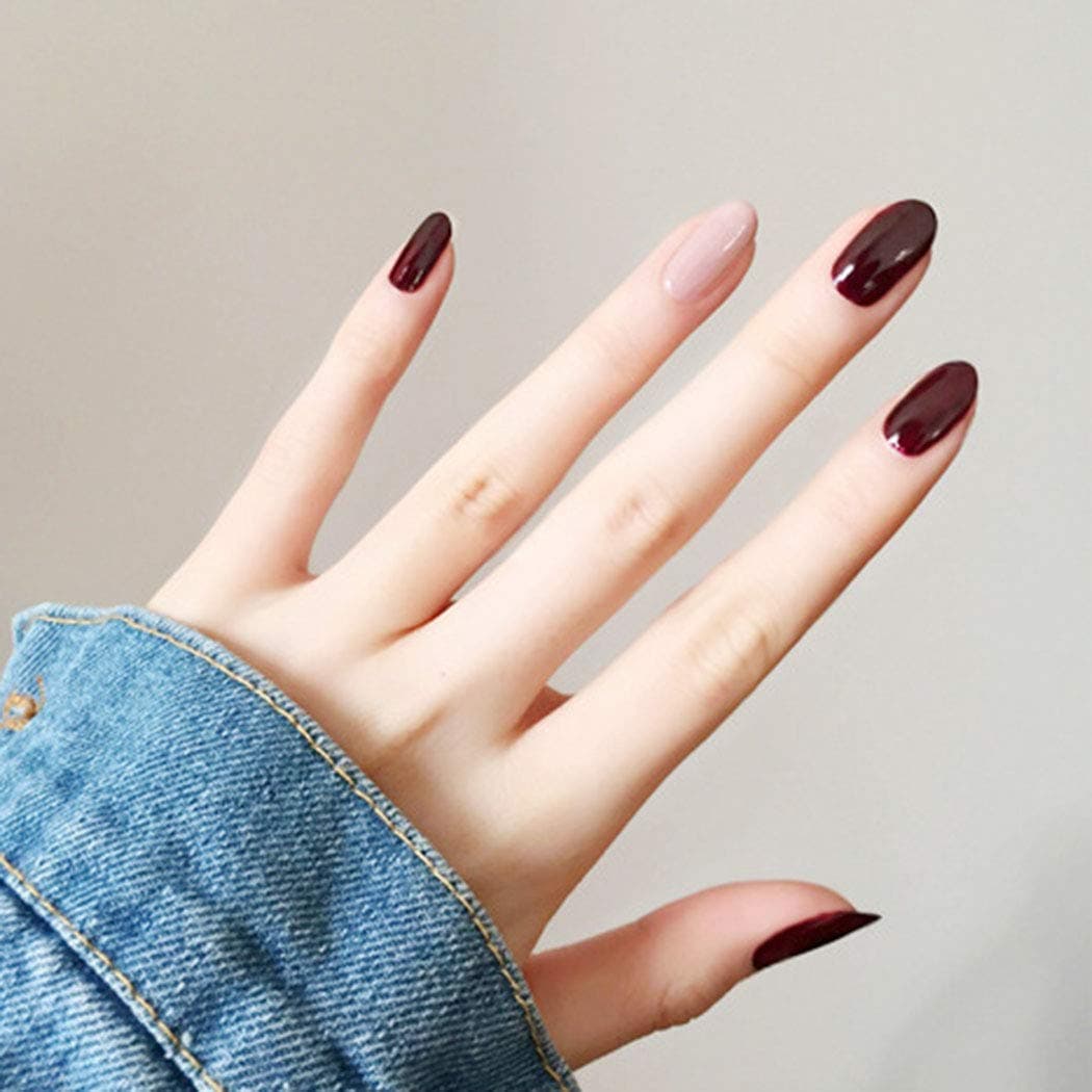 Edary 24pcs False Nails Red Glossy Finish Full Cover Gel Pink Fake Nails Short Round Nail Art for Women
