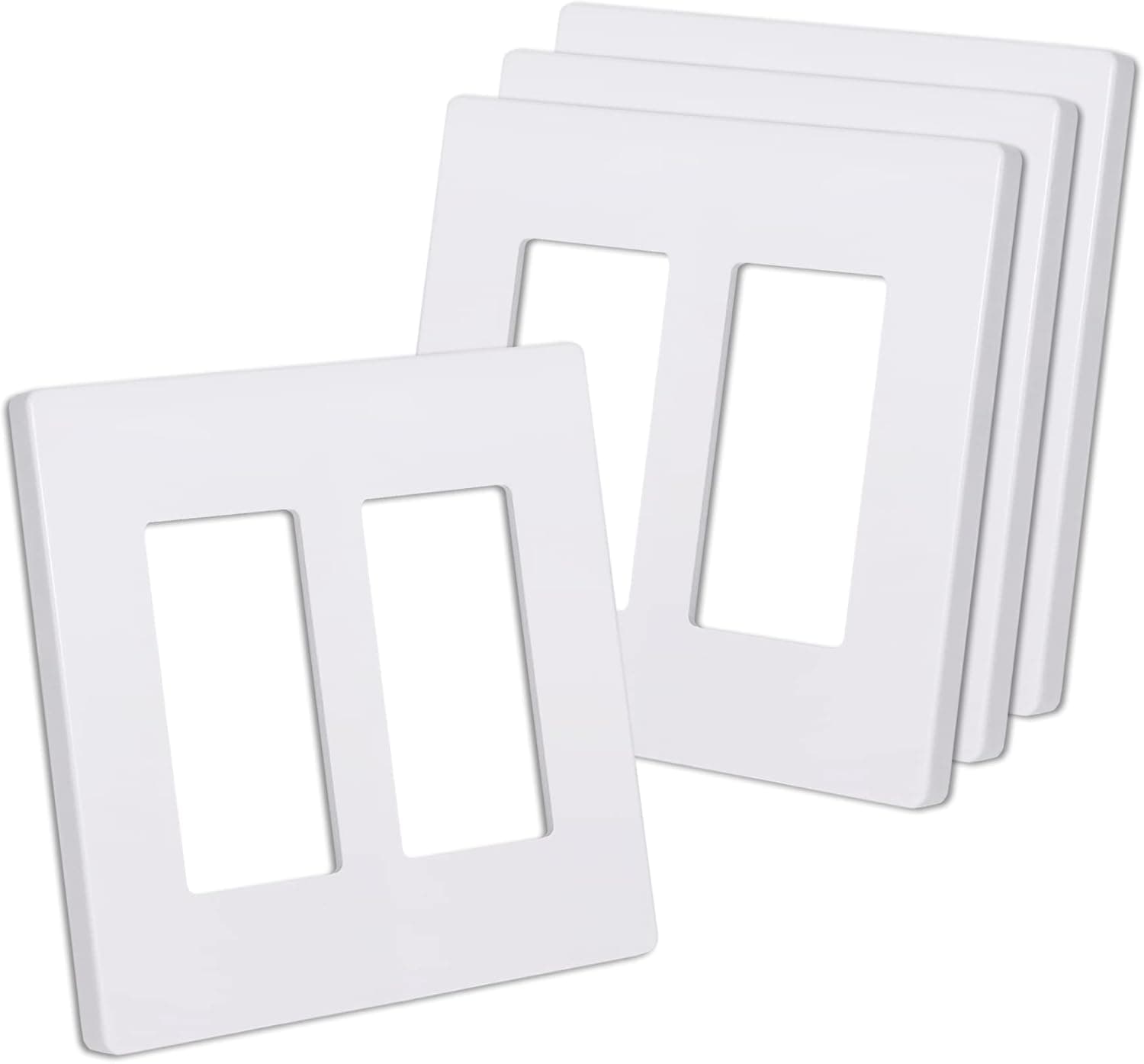CML Matte White Decorator Screwless Wall Plate, 2-Gang Outlet Covers, 4 Pack Decorative Light Switch Plates, Scratch and Impact Resistant, Polycarbonate, Standard Size 4.68” X 4.72”