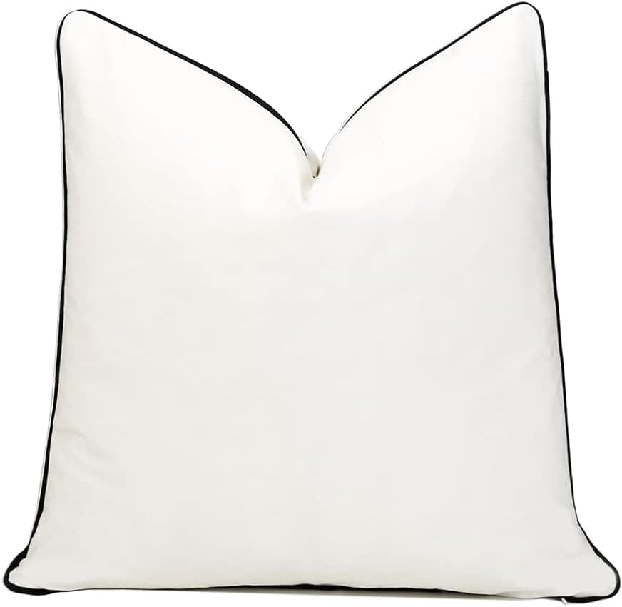 THE-TINOART Square Solid Color Velvet Throw Pillow Covers with Black Piping , 22x22 Soft Decorative Cushion Covers Pillowcases for Sofa Couch Bed, White