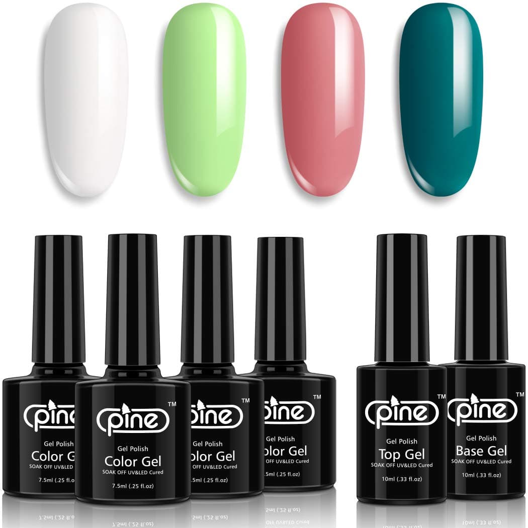 Pine Gel Nail Polish Set White Pink Greenery Blue 7.5 ml with Base Coat Top Coat 10 ml Soak Off UV Cured Manicure Gel Polish Varnish Kit