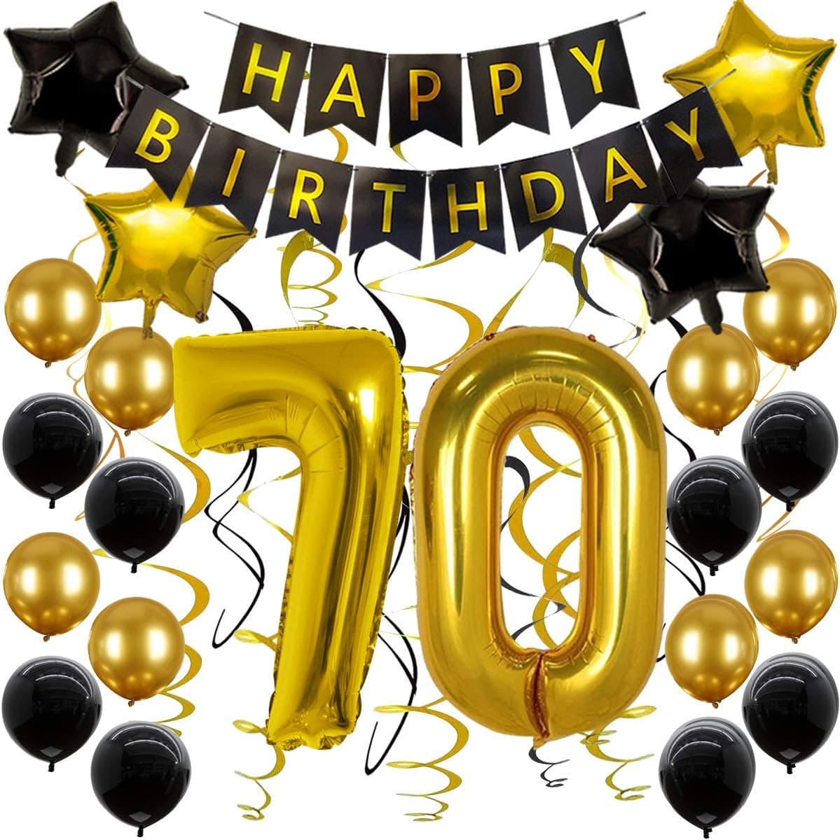 NIUBER 70th Birthday Decorations for Men Women 70 Birthday Balloons Party Decorations Black and Gold Birthday Banner