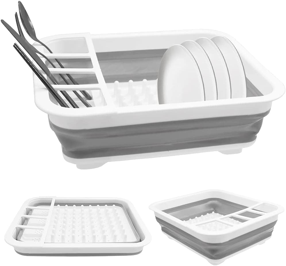 Collapsible Dish Drying Rack,Portable Dish Drainer Dinnerware Organizer,Foldable Drying Rack Set,Gray Space Saving Folding Dish for Kitchen,Camper,Travel Trailer