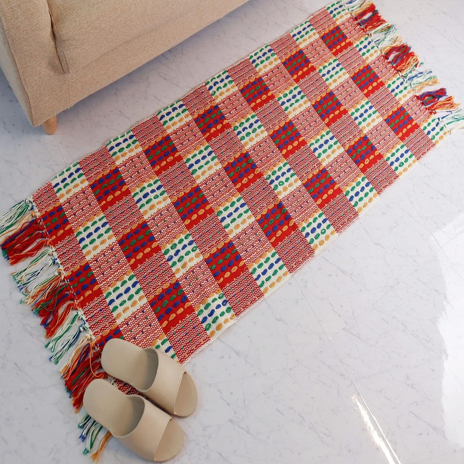 LEVIMETREE Cotton Area Rug 2'x4.3', Washable Printed Cotton Rugs with Tassel Hand Woven Fringe Cotton Rug Runner for Kitchen, Farmhouse Hallway Rug, Living Room, Bedroom, Laundry Room - Red