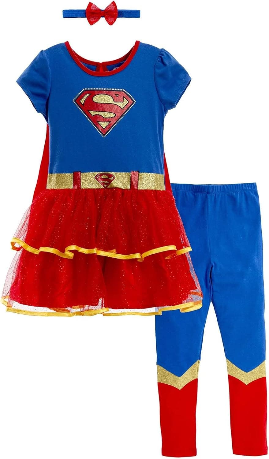 WARNER BROS Justice League Supergirl Batgirl Costume Dress Leggings Cape and Headband 4 Piece Set Newborn to Big Kid