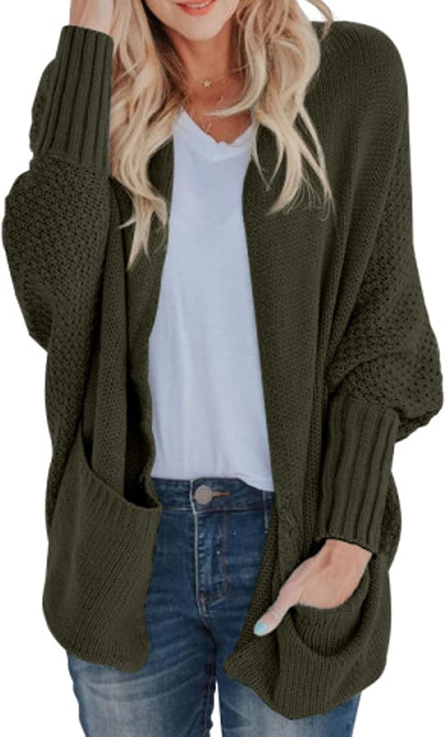 GRECERELLE Womens Batwing Sleeve Loose Open Front Casual Cardigan Long Sleeve Oversized Shawl Collar Sweater with Pockets