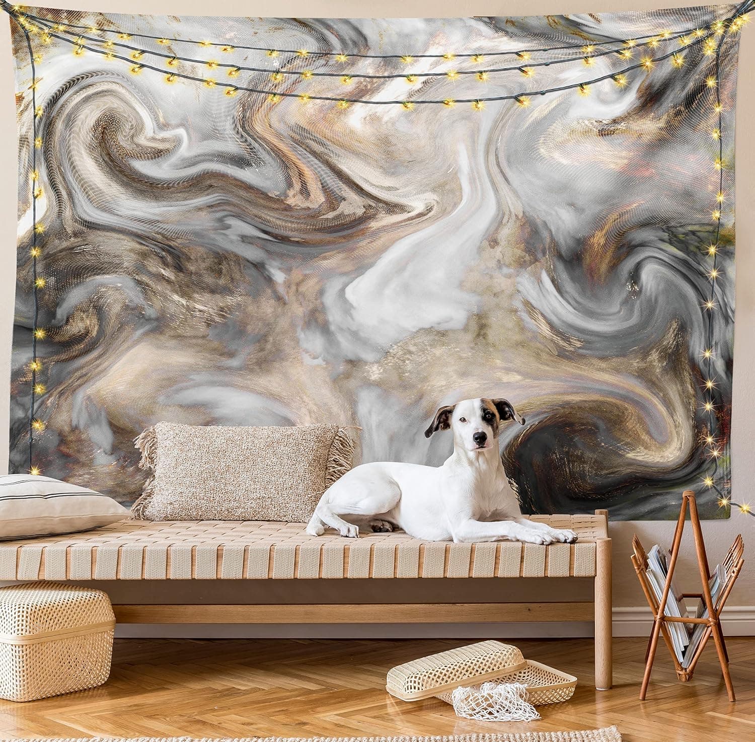Ambesonne Marble Print Tapestry King Size, Retro Style Paintbrush Colors in Marbling Texture Watercolor Art, Wall Hanging Bedspread Bed Cover Wall Decor, 104" X 88", Sand Brown Pale Grey
