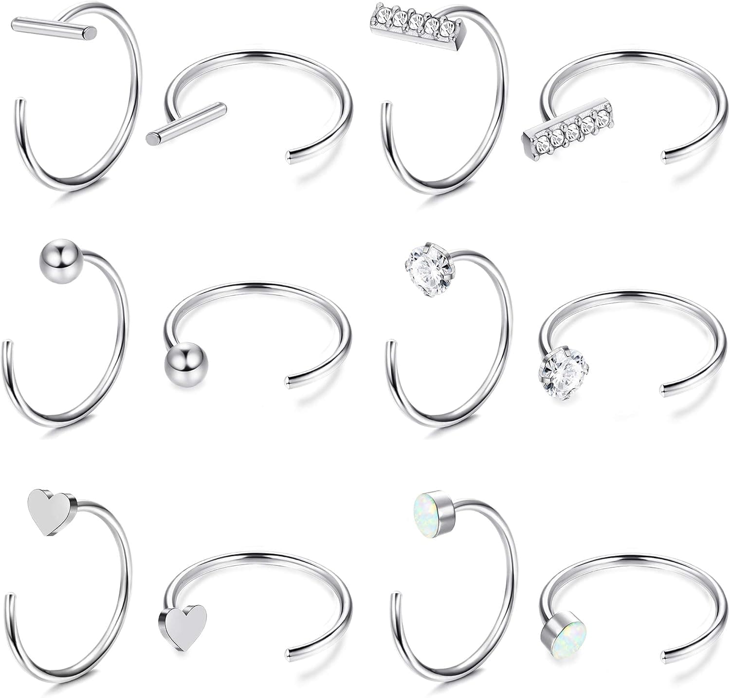 FIBO STEEL 6 Pairs Small Half Hoop Earrings for Cartilage Stainless Steel 18G Nose Hoop Rings,with Opal Heart Bar CZ Ball Huggie Hoops Earrings for Women