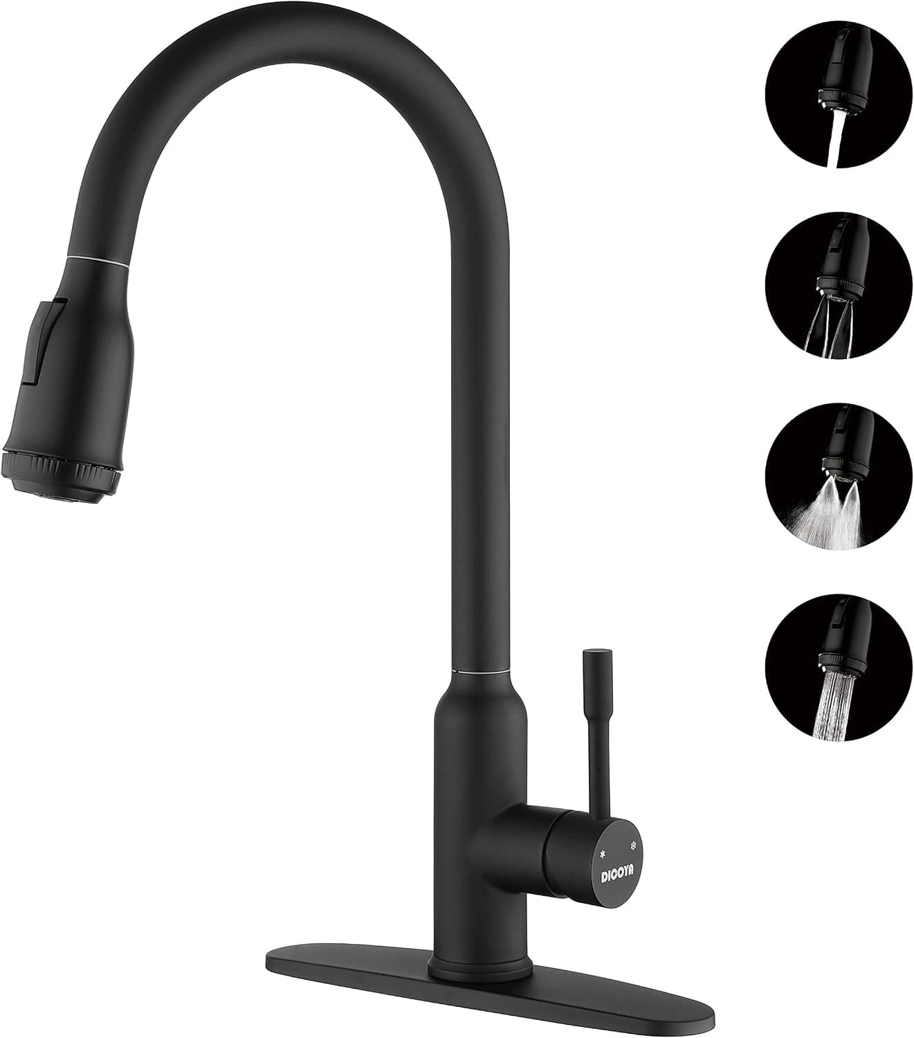 DICOYA Kitchen Faucets with Pull Down Sprayer, 4 Function Sprayer, Power Rinsing, Easy Clean, Water Saving, 304 Stainless Steel, Kitchen Sink Faucet, Single Lever, Gooseneck, Deck Plate, Black Matte