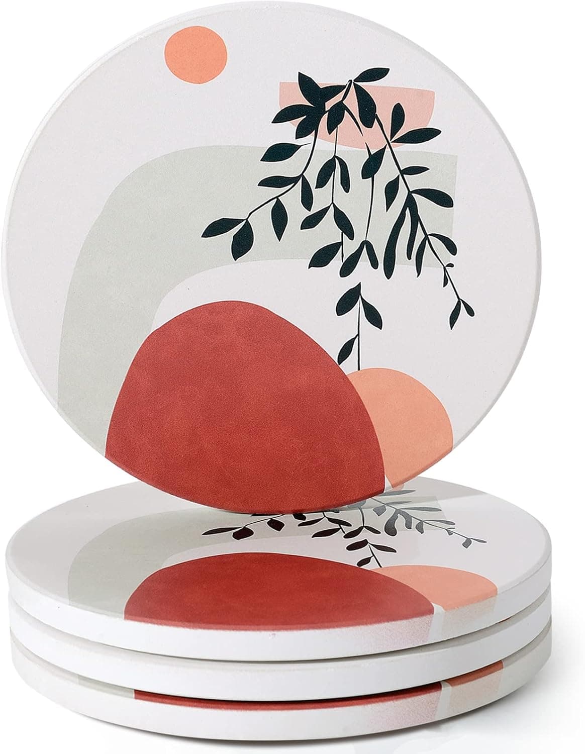 RoomTalks Boho Cute Coasters for Drink Absorbent 4pcs Modern Abstract Art Ceramic Coaster Set Cork Backing Mid-Century Aesthetic Table Bar Coasters for Wooden/Coffee Table (White, 4 Pieces)