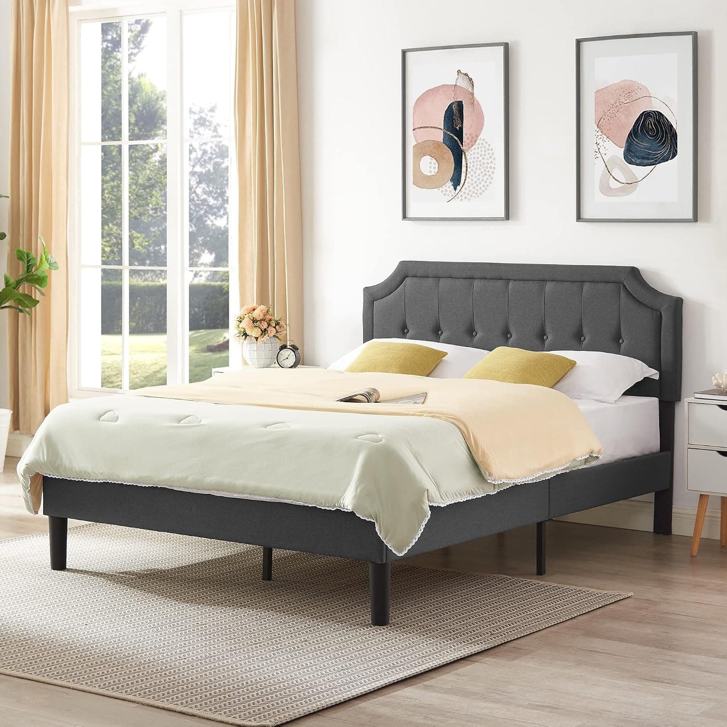 VECELO Upholstered Platform Bed Frame with Adjustable Headboard, Wooden Slats Support, No Box Spring Needed, Modern Style, Queen Size