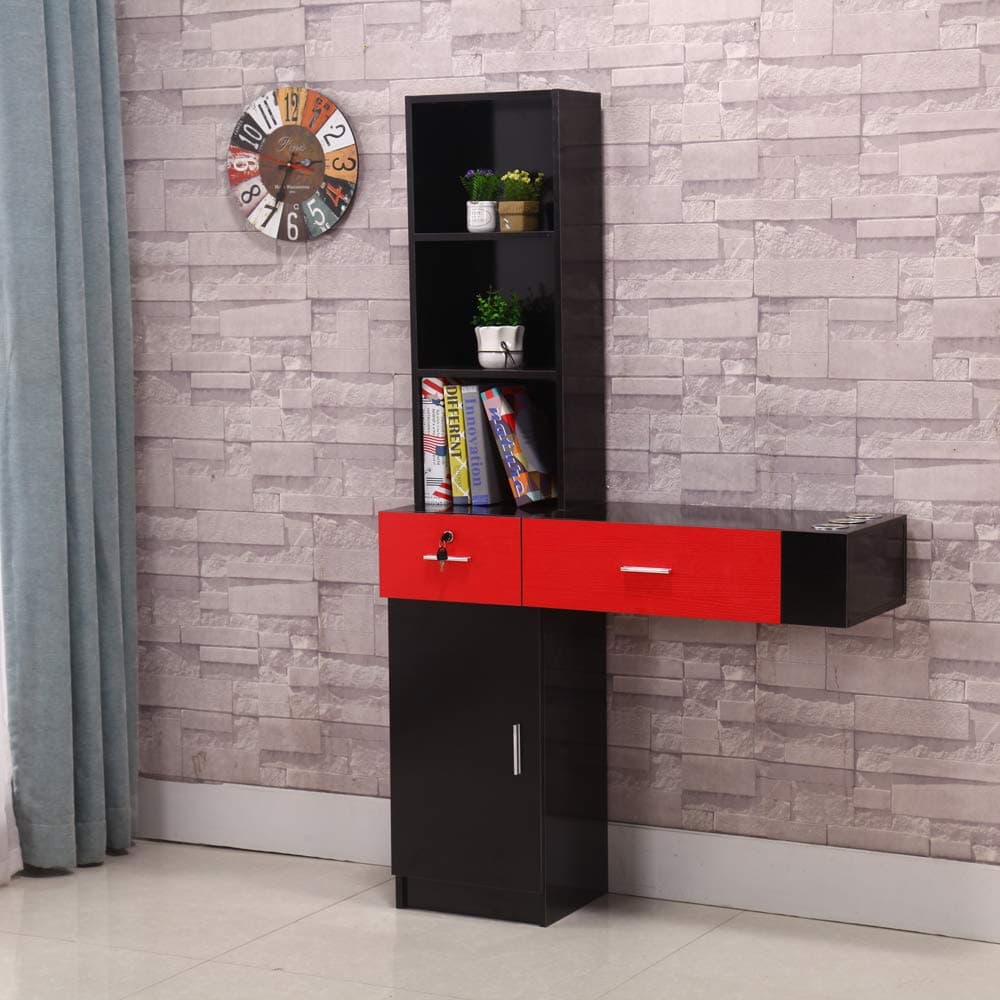 YYAO Beauty Salon Cabinet Wall Mount Barber Station Storage Cabinet Lockable Drawer with 3 Hair Dryer Holders,Barber Hair Styling Storage Chest Spa Salon Equipment (Black & Red)