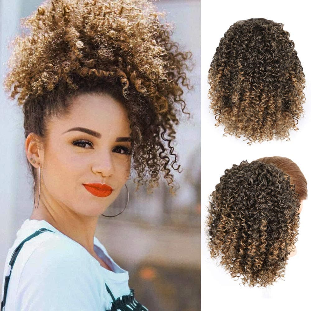 Qangelabeauty Short Afro Curly Ponytail Hair Piece for African American Black Women Ponytail Extension Afro Drawstring Curly Ponytail for Women (T27)